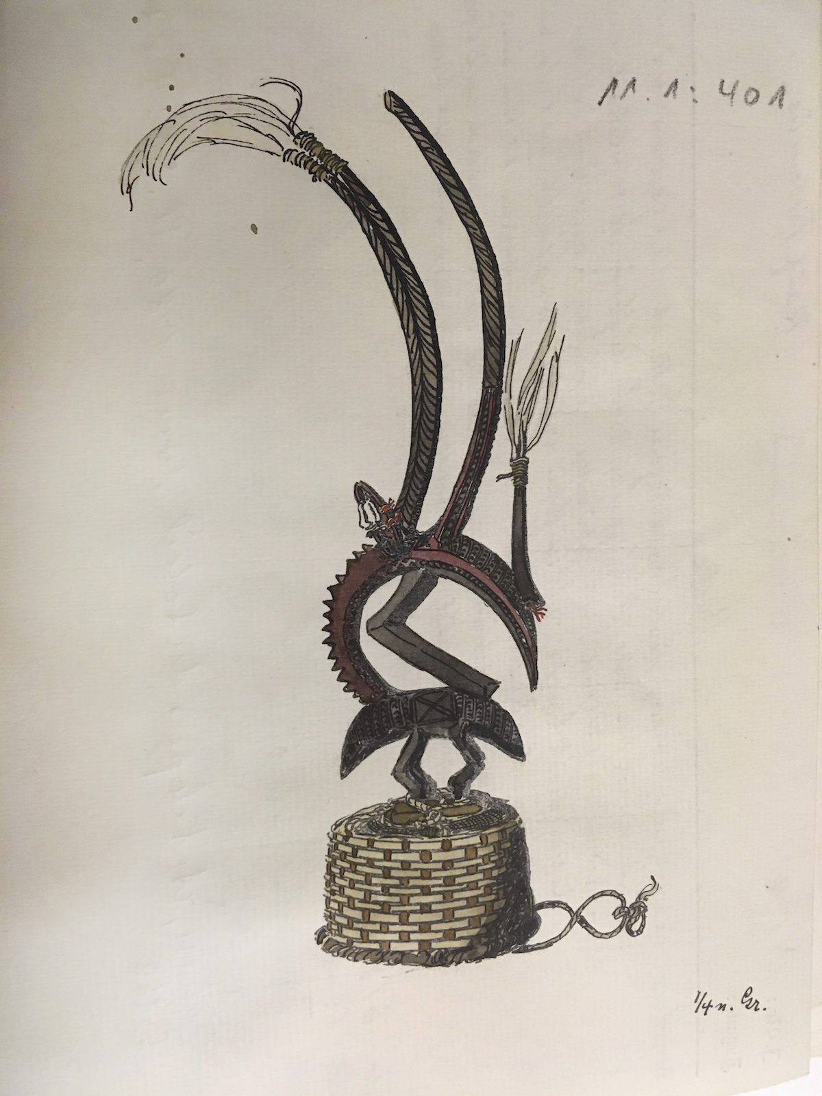 Inventarkartenzeichnung eines Maskenaufsatzes aus Mali, Federzeichnung auf Büttenpapier, aquarelliert, Museum am Rothenbaum, Hamburg, undatiert